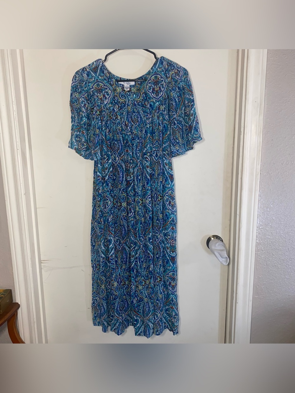 Go Softly Patio Dress Blue Teal Batik Paisley Short Sleeve Muumuu Midi Dress S